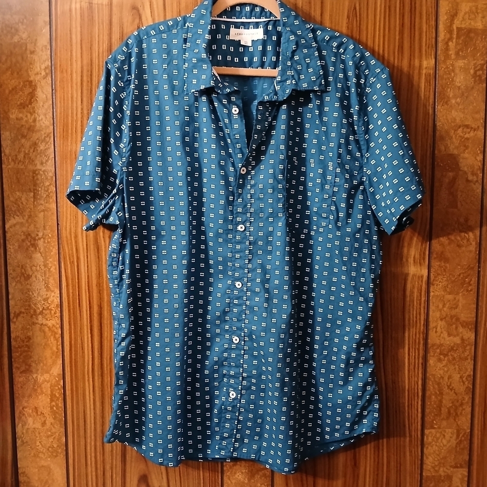 Aeropostale Teal White Geometric Print Short Sleeve Casual Button Down Shirt 2XL